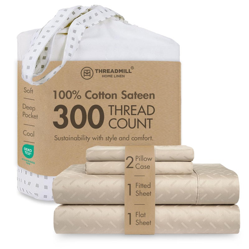 Threadmill Cotton Full Size Sheet Set | 100% Cotton Sheets for Full Size Bed | Damask Jacquard Full Bed Sheets Set with 16â€ Deep Pocket | Soft Sateen Weave 4-Piece Cooling Bedding Set | Beige - Image 1